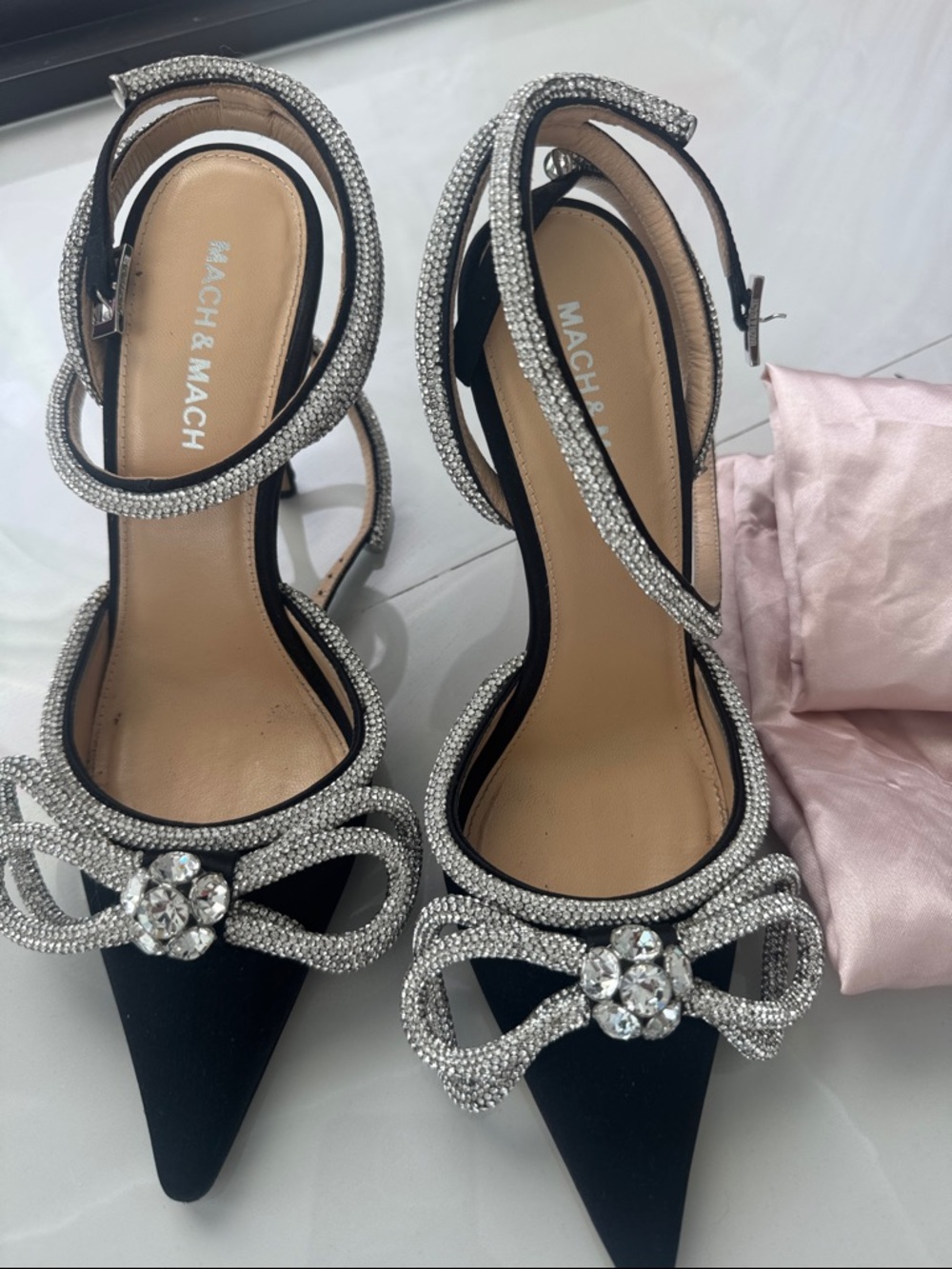 MACH & MACH Black Crystal-Bow Pointed Toe Ankle Strap Heels